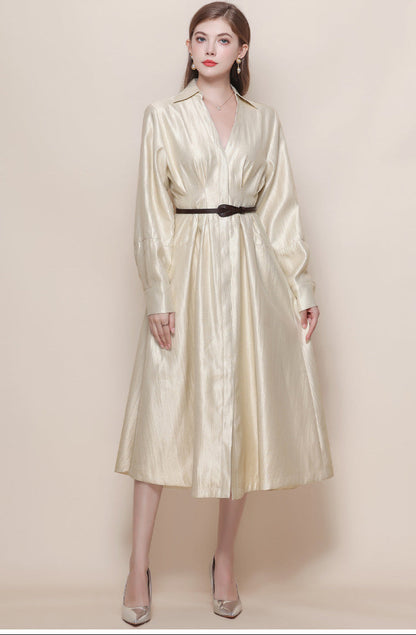 Silk-Texture Belted Midi Dress with Classic Collar