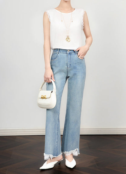 High Waist Wide-Leg Jeans with Lace Hem