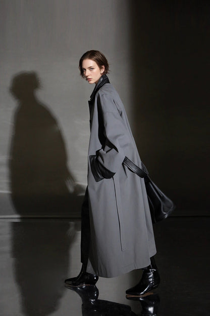 Leather-Trimmed Polo Collar Oversized Long Trench Coat