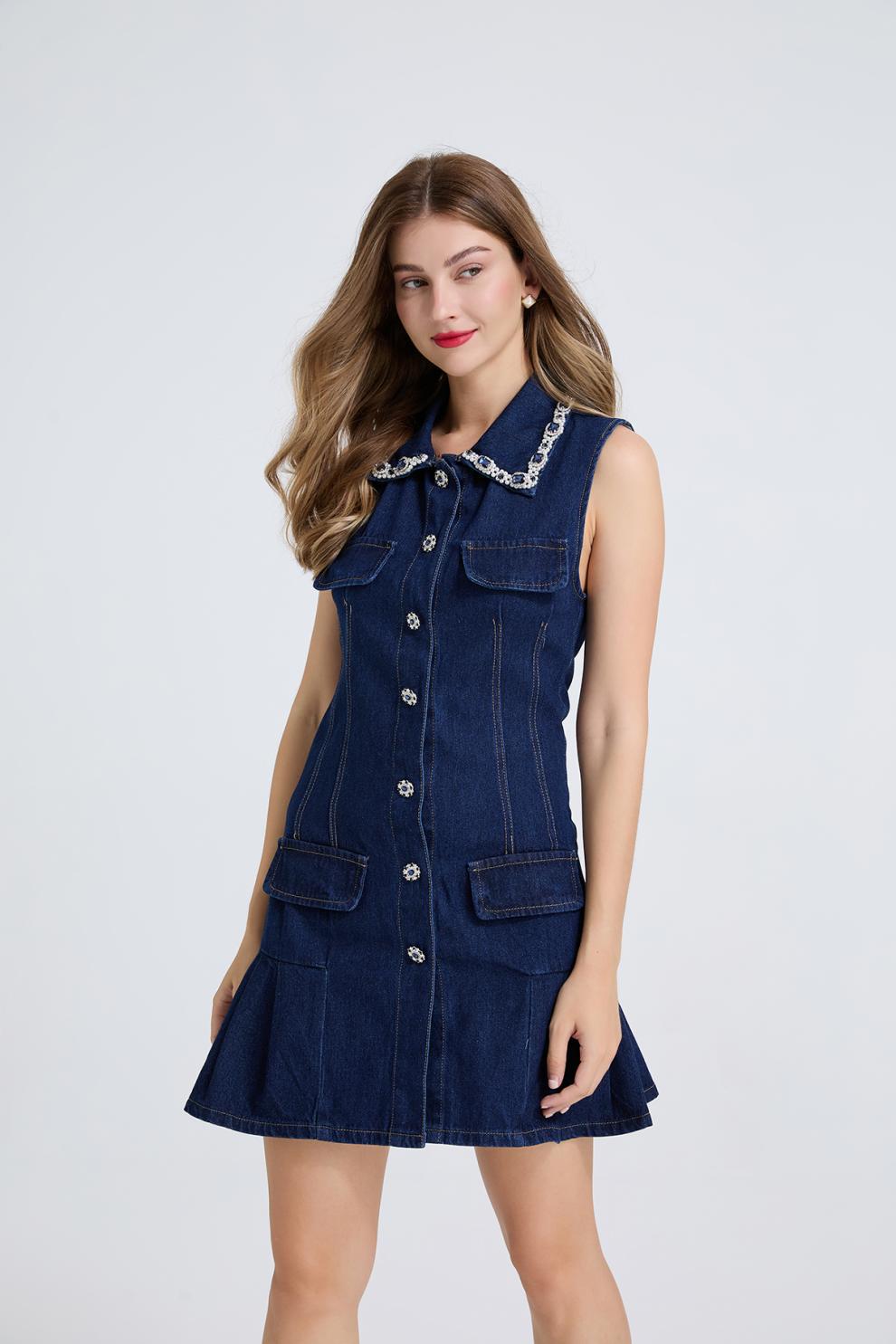 Crystal-Embellished Denim Polo Mini Dress