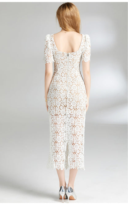 Square Neck Floral Lace Midi Dress