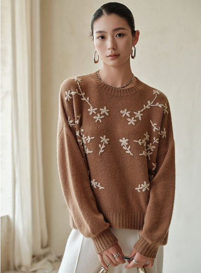 Embroidered Pure Cashmere Crewneck Sweater