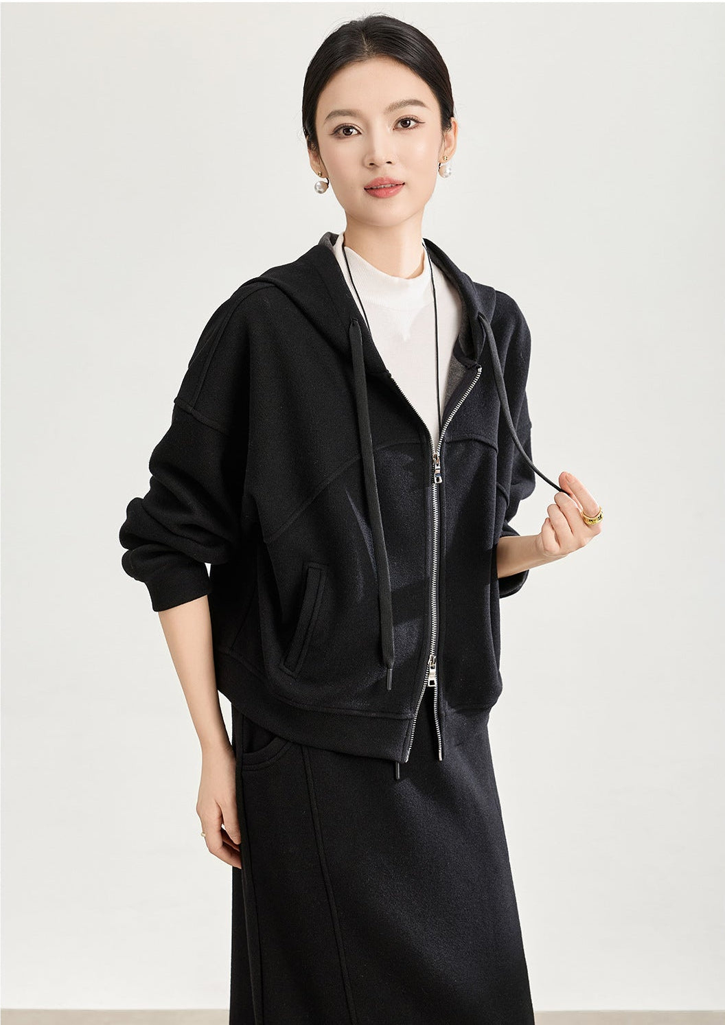 Soft Wool-Blend Hooded Jacket & Elastic Waist Skirt Set