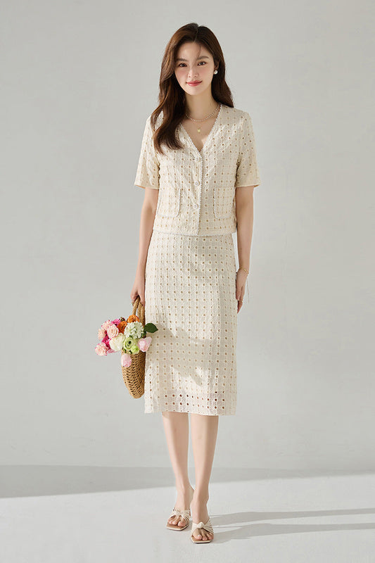 Elegant Geometry Ecru Tencel Top and Midi Top&Skirt