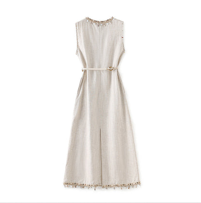 Boho Linen-Tencel Dress with Shell Detail and Removable Buckle Necklace