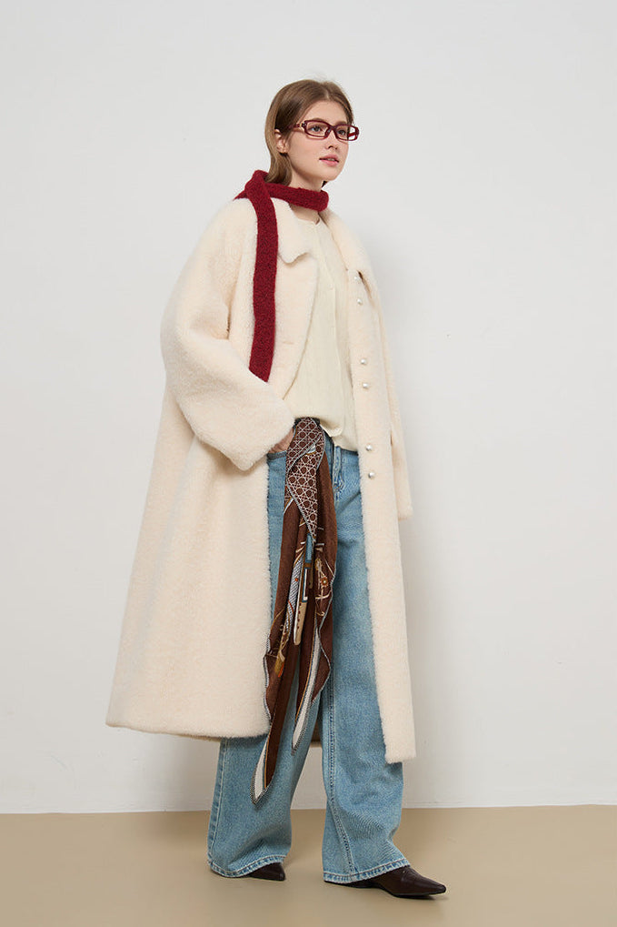 Miu Series Faux Fur Long Coat – Off-White Elegance