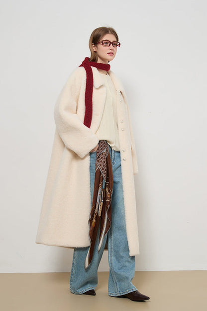 Miu Series Faux Fur Long Coat – Off-White Elegance
