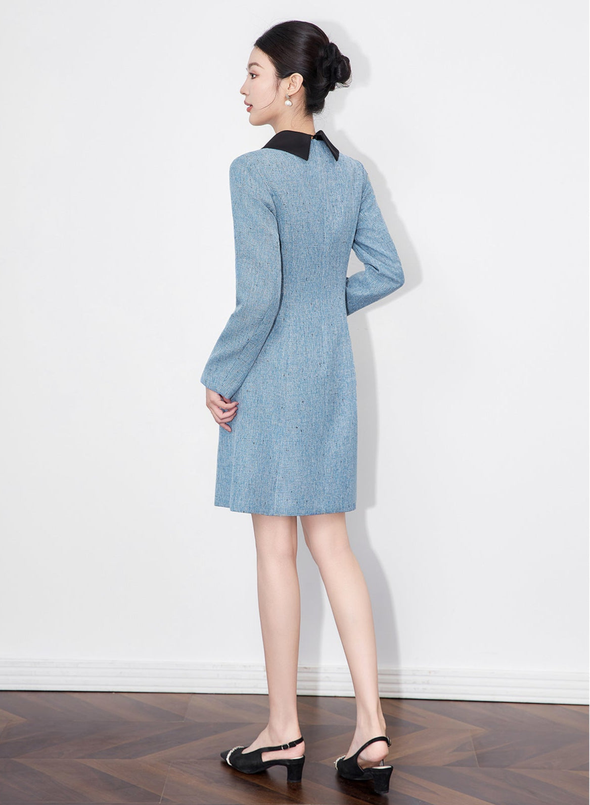 French-Texture Mini Dress with Scarf Collar