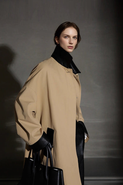 Leather-Trimmed Polo Collar Oversized Long Trench Coat