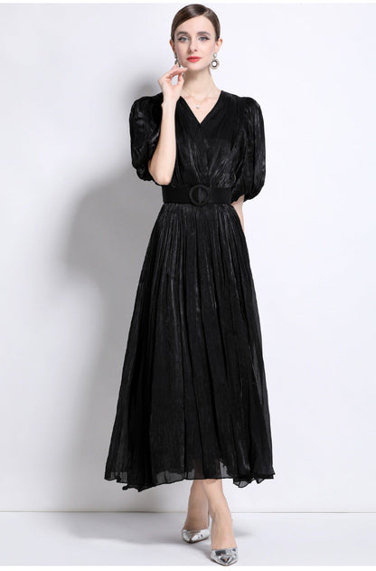 Shimmering Ruched Maxi Dress with Puff Sleeves