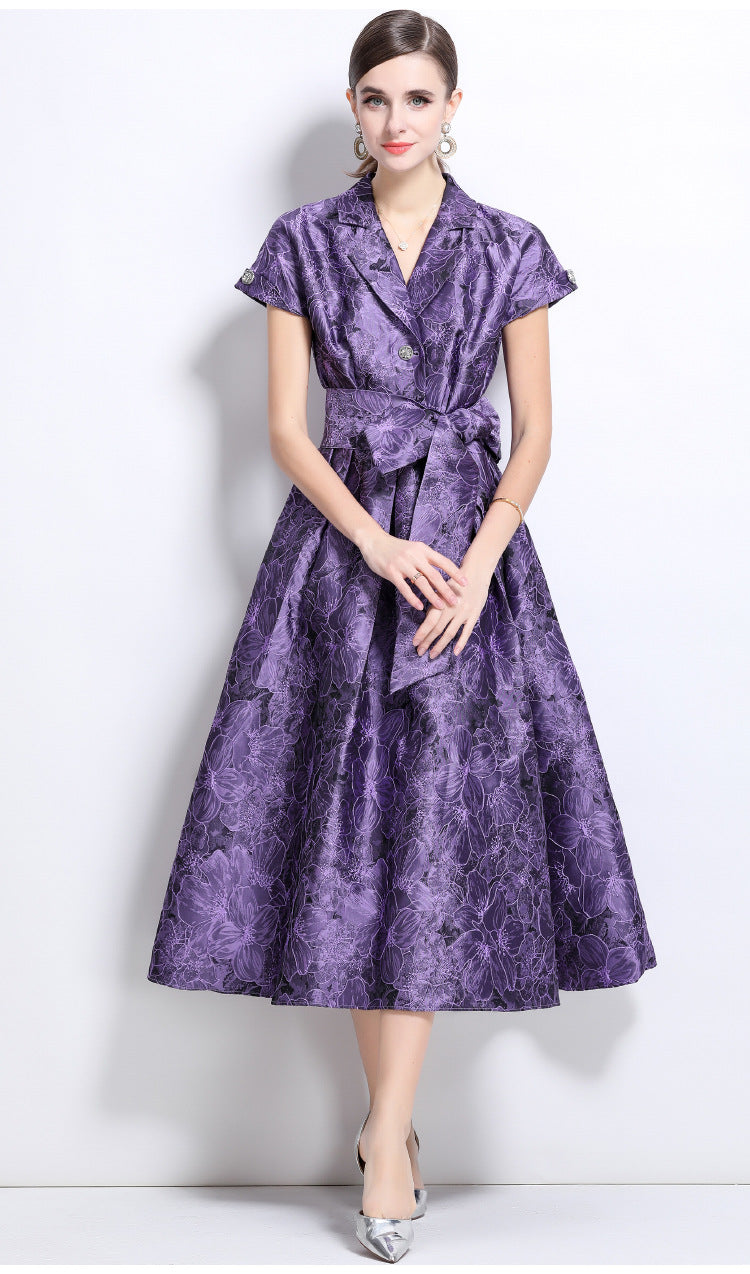 Jacquard A-Line Evening Gown with Full Flowing Skirt