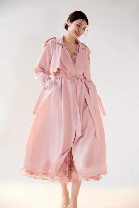 Pastel Blush Flowing Belted Trench Coat