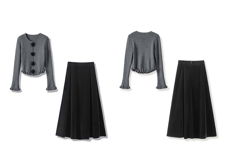 3D Floral Knit Top + Velvet Skirt Set – Elegant French Winter Ensemble