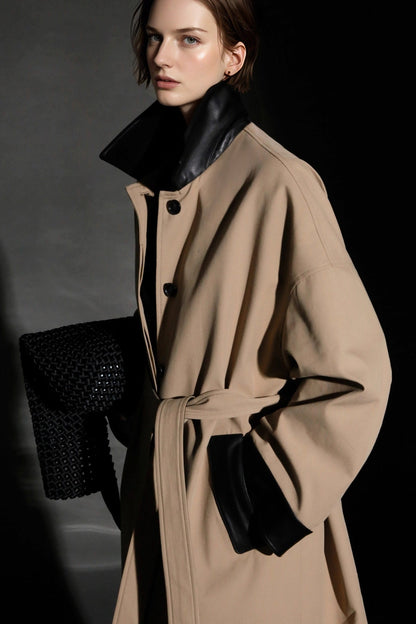 Leather-Trimmed Polo Collar Oversized Long Trench Coat