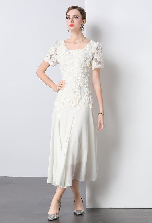 Lace Embroidered 3D Floral Square-Neck Midi Dress