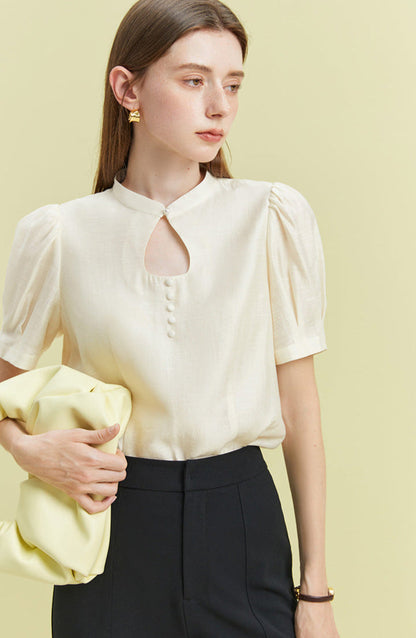 Elegant Ripple Collar Sheer Short Sleeve Blouse