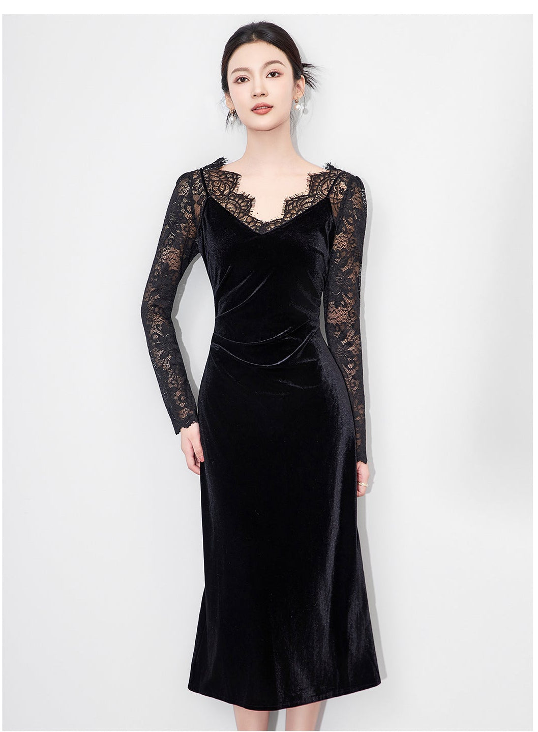 French Velvet Lace Embroidered Slim Dress