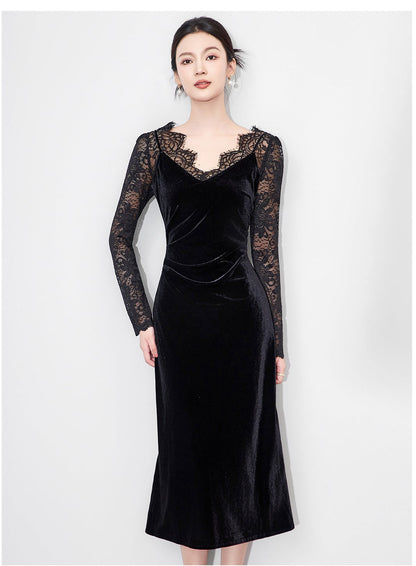 French Velvet Lace Embroidered Slim Dress