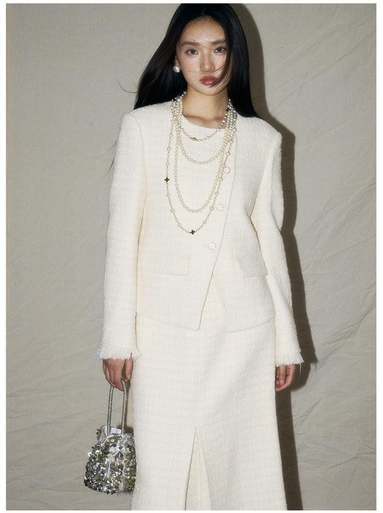 White Wool-Blend French Jacket & Midi Skirt Set