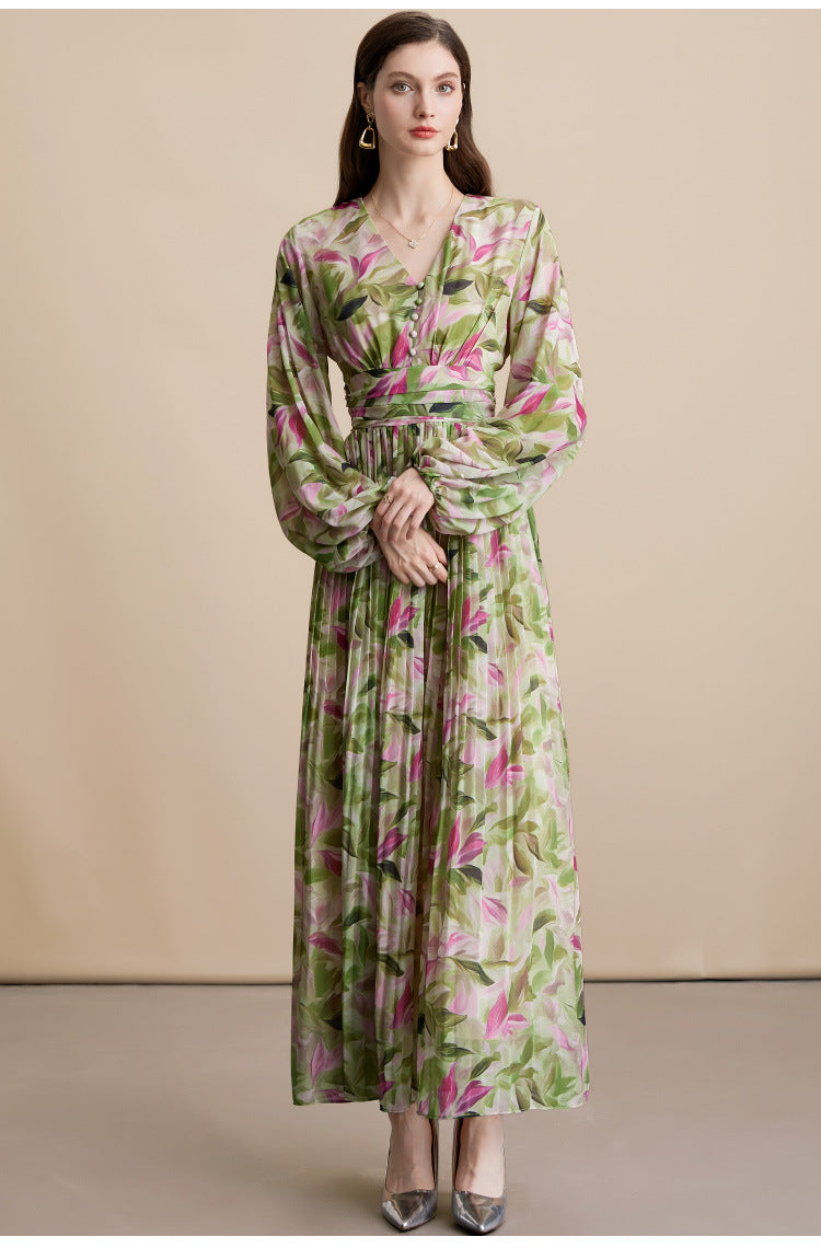 Vintage Floral V-Neck Long Dress