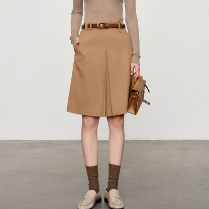 Wool Serge Twill Midi Skirt – High Waist A-Line Office Style