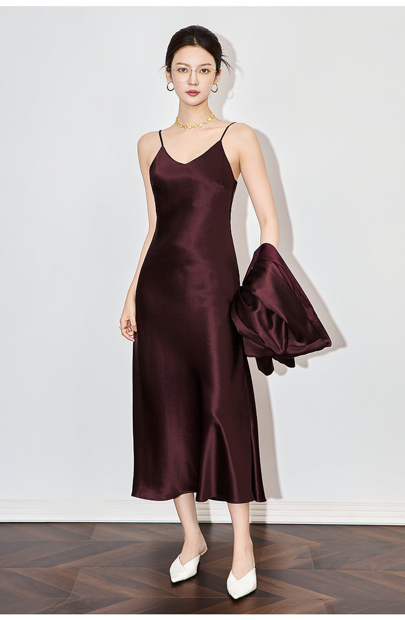 Satin-Texture Acetate Slip Dress with Spaghetti Straps