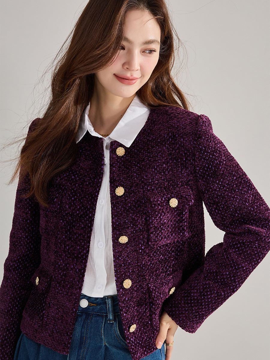 Purple Tweed French-Style Cropped Jacket