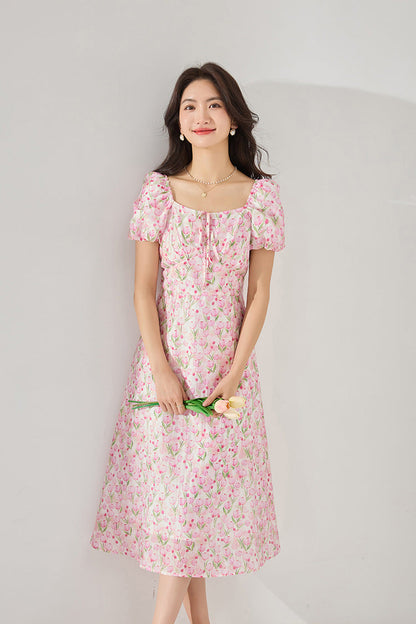 Fitted Waist Polka Dot Puff Sleeve Summer Dress