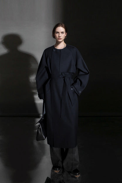 Minimalist Round Neck Wool Blend Trench Coat – Relaxed Fit