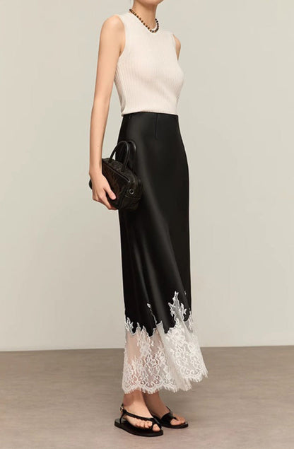 Lace-Trimmed Acetate Satin Maxi Skirt