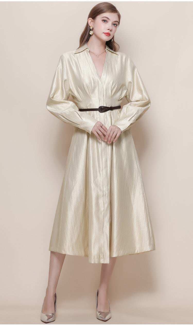 Silk-Texture Belted Midi Dress with Classic Collar