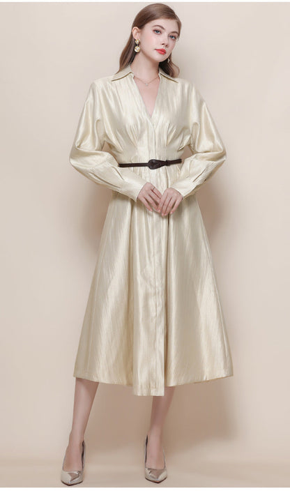 Silk-Texture Belted Midi Dress with Classic Collar