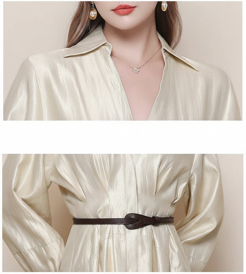 Silk-Texture Belted Midi Dress with Classic Collar