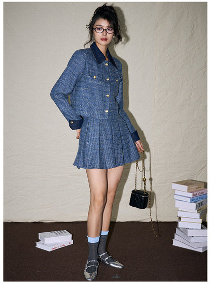 French Retro Pleated Blazer and Skirt Set – Chanel-Inspired Denim Elegance