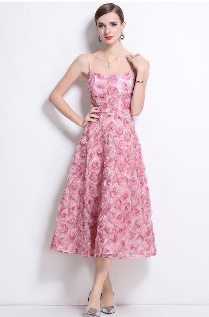3D Rose Appliqué Strappy Midi Dress