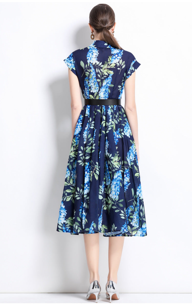 Printed Polo Collar Elegant Midi Dress