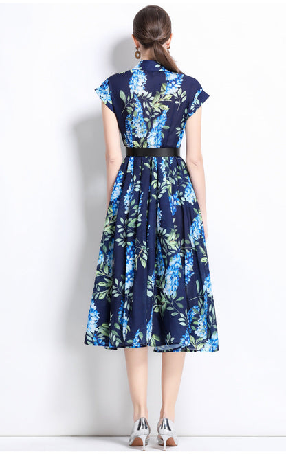 Printed Polo Collar Elegant Midi Dress