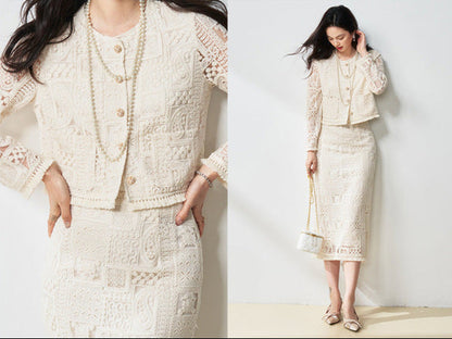 Luxury Beige Two-Piece Set with Fringe & Hollow Floral Details