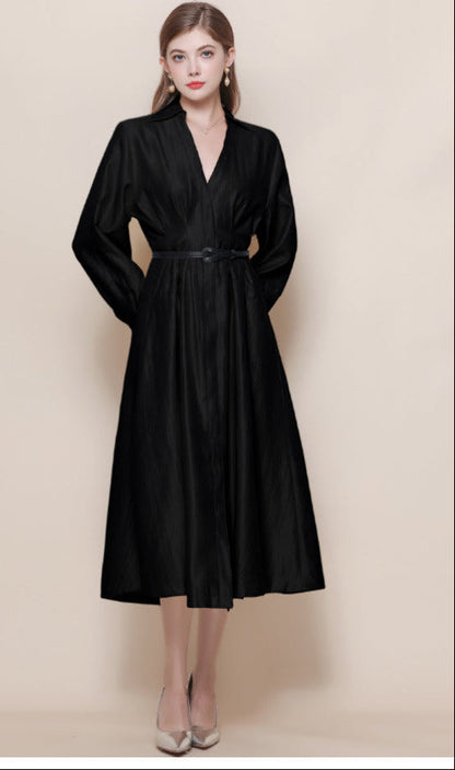 Silk-Texture Belted Midi Dress with Classic Collar