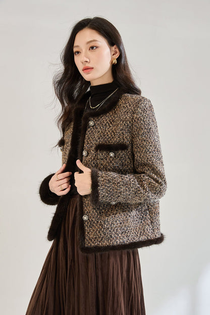 Luxury Tweed Short Puffer Jacket with White Duck Down Filling