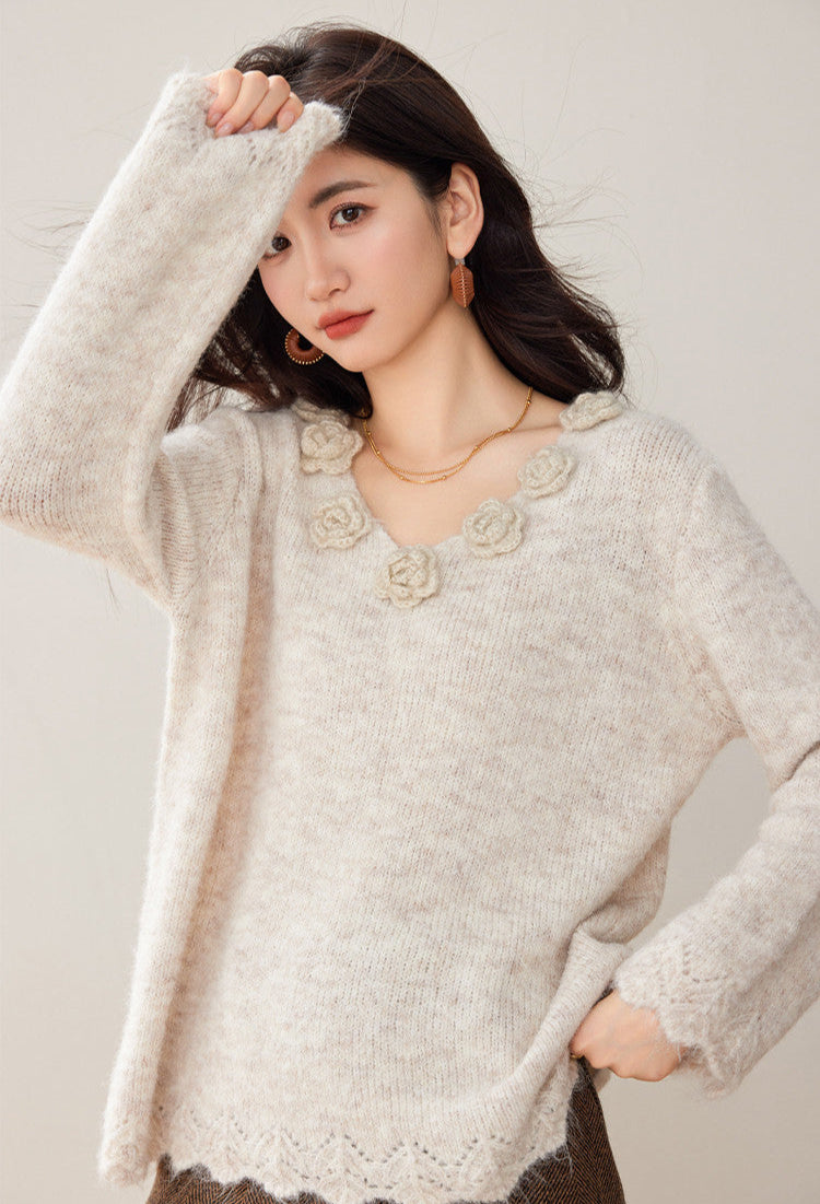 3D Floral Knit V-Neck Sweater