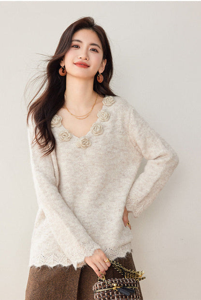 3D Floral Knit V-Neck Sweater