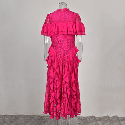 Frilled Short Sleeve Lace-Trim Lotus Dress