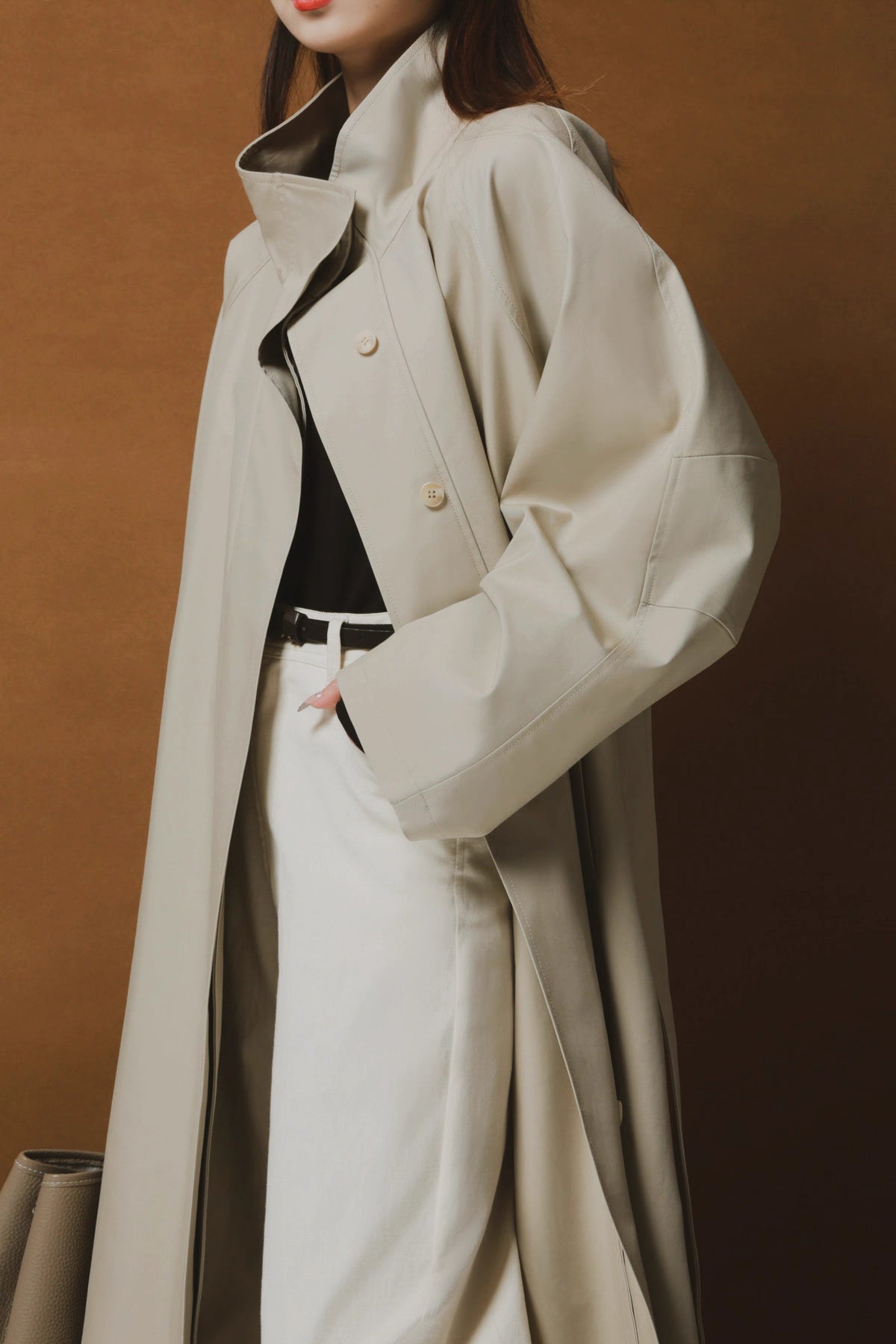 Draped Double-Breasted Tencel Trench Coat