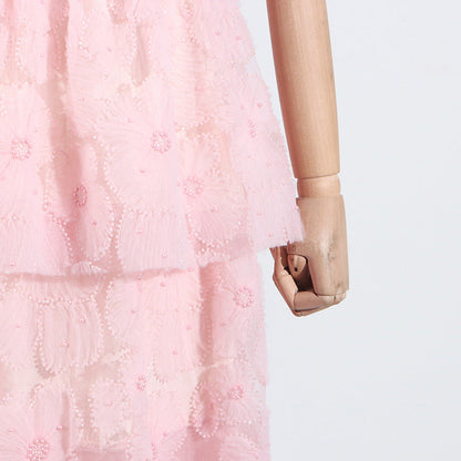 French Elegance Tiered Tulle Embroidered Maxi Dress