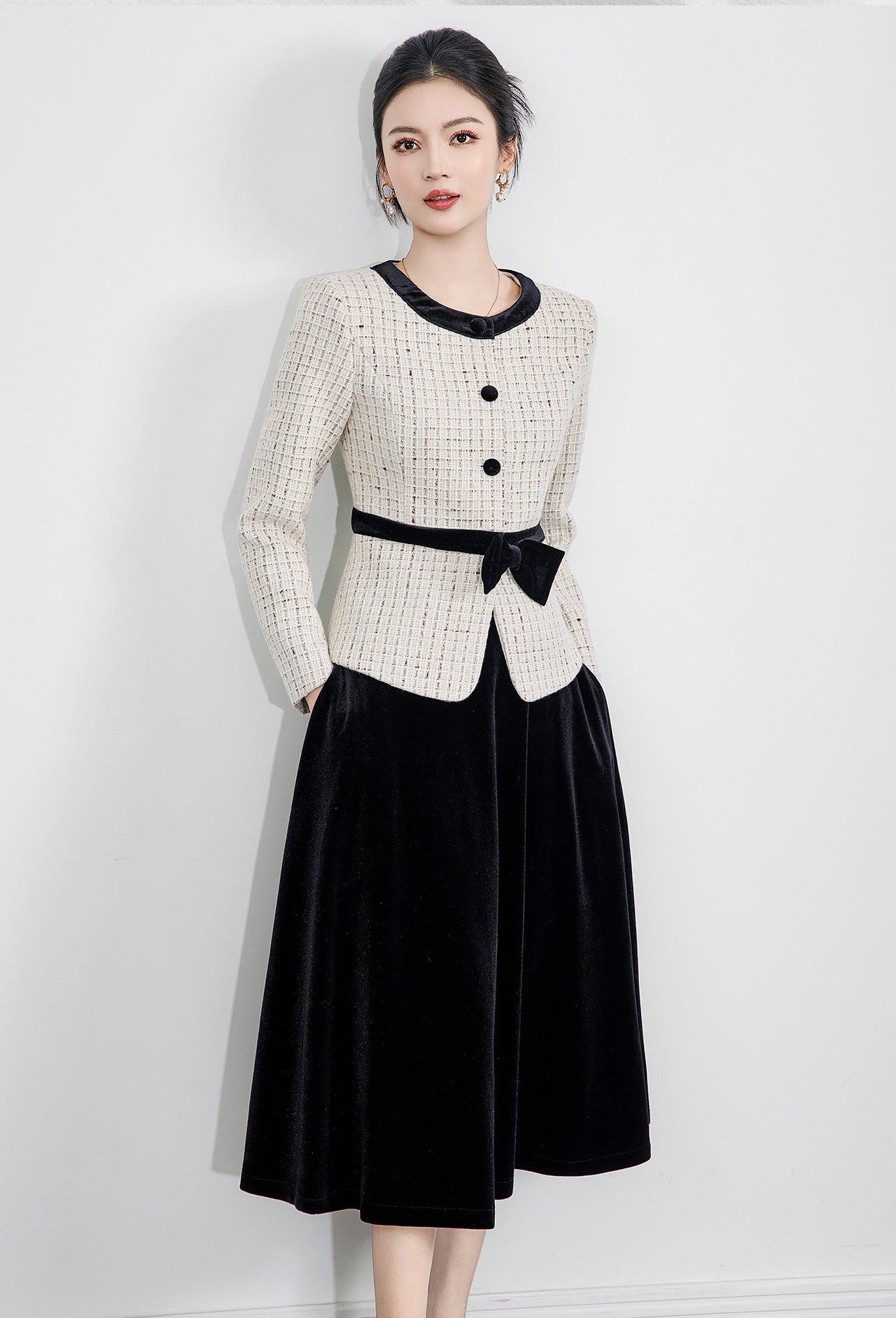 Bow-Detail Tweed Jacket & Velvet Skirt Set