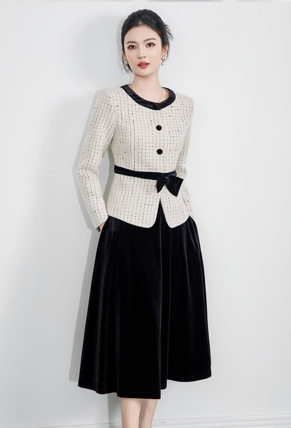 Bow-Detail Tweed Jacket & Velvet Skirt Set