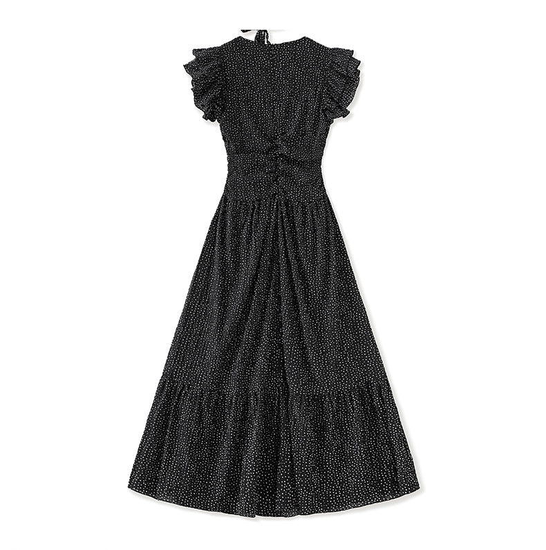 Romantic Polka Dot Midi Dress with Ruffle Sleeves and Necklace Detail