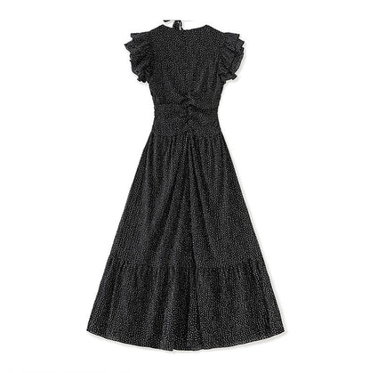 Romantic Polka Dot Midi Dress with Ruffle Sleeves and Necklace Detail