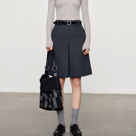 Wool Serge Twill Midi Skirt – High Waist A-Line Office Style